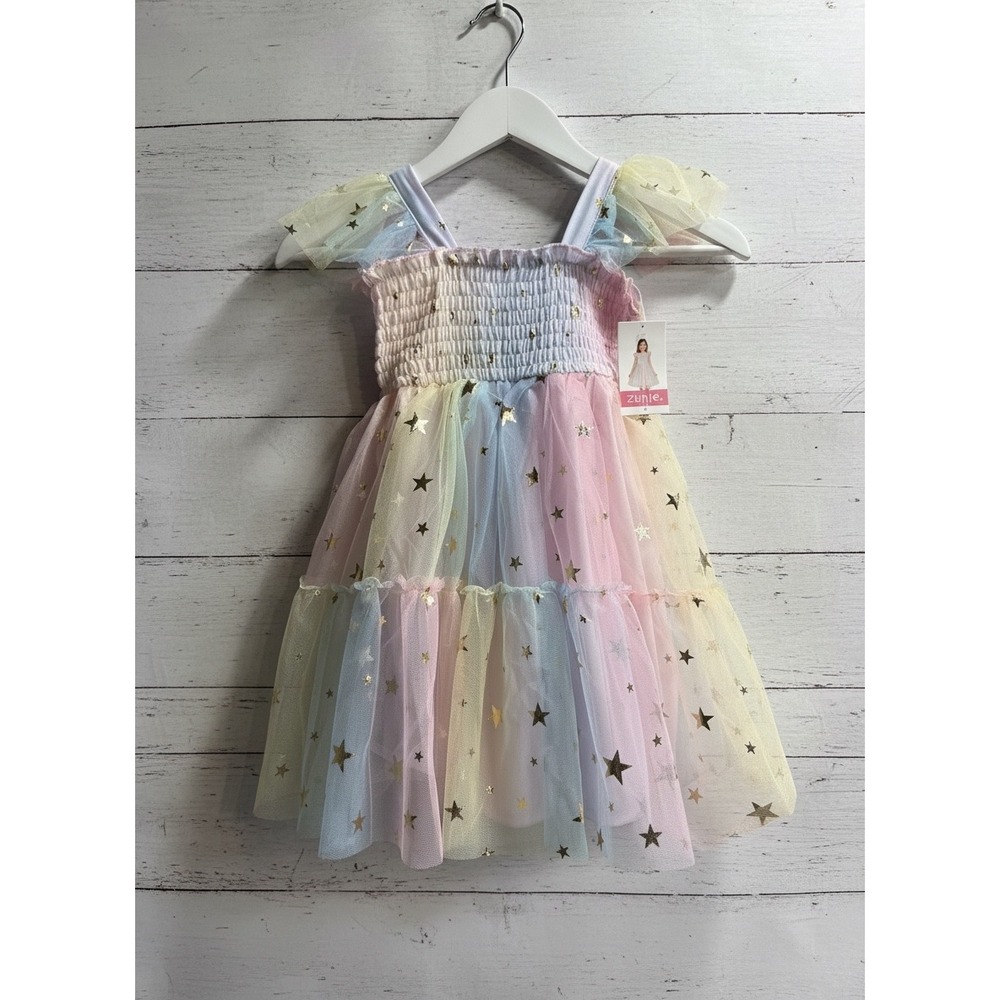 Zunie Girl Rainbow Tulle Star Dress Kids Size 4 Pastel Gold Foil Smocked Dress